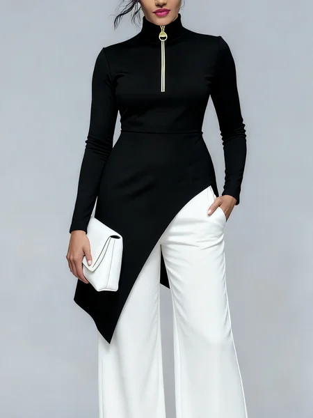 Urban Plain Irregular Craftsmanship Stand Collar Blouse, Blouses and Shirts, color:Black|size:XXL, Stylewe