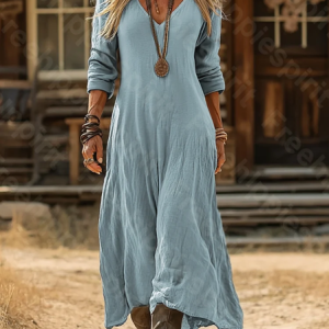 Women Plain Long Sleeve Spring/Fall Printing Dress V Neck Daily Vintage Maxi H-Line Dress, JustFashionNow Casual Dresses, color:Blue|size:5XL,