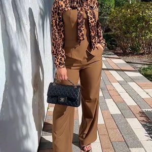2 Pieces Outfit Leopard Print Spliced Tie Neck Long Sleeve Double Breasted Front Flap Detail Top and Zipper Fly Wide Leg Pants Set Casual Commuting Set, women Two-piece Sets, ChicMe catalog