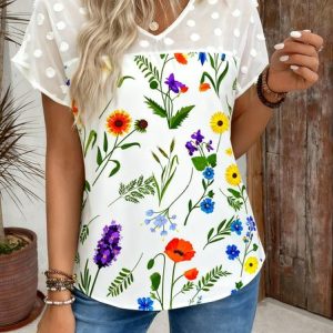 V Neck Short Sleeve Floral Regular Loose Blouse For Women, T-shirts, color:White|size:4XL, catalog Noracora shop