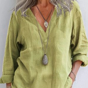 V Neck Long Sleeve Plain Regular Loose Blouse For Women, Blouses, color:Green|size:3XL, catalog Noracora shop