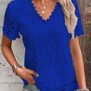 Elegant Lace V Neck Short Sleeve T-shirt, T-shirts, color:Blue|size:5XL, catalog Noracora shop