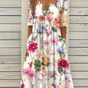 Women Floral Summer Dress Half Open Collar Half Sleeve A-Line Dress, Dresses, color:White|size:5XL, catalog Noracora shop