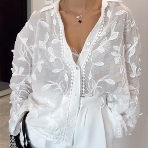 Shawl Collar Long Sleeve Embroidery Patterns Regular Loose Shirt For Women, Shirts, color:White|size:4XL, catalog Noracora shop