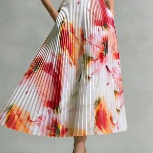 Elegant Pleated Floral Midi Skirt, Skirts, color:As Picture|size:XXL, Stylewe