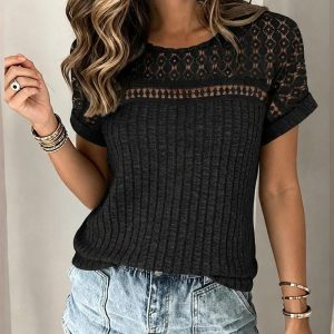 Lace Spliced Round Neck Rolled Cuffs Tee Casual Short Sleeve Ribbed Brushed Top, women T-shirt & Tees, ChicMe catalog