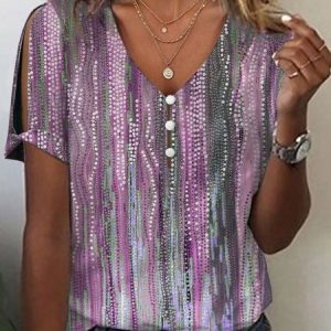 Vintage Gradient Pattern V Neck Short Sleeve T-shirt, T-shirts, color:Purple|size:5XL, catalog Noracora shop