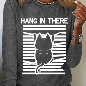 Casual Cat Crew Neck Long Sleeve T-shirt, T-shirts, color:Deep Gray|size:XXL, catalog Noracora shop