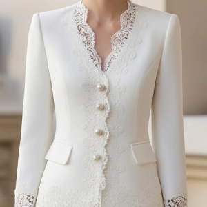 Urban Buttoned Faux Pearl Plain Lace Jacket, Jackets, color:White|size:XXL, Stylewe