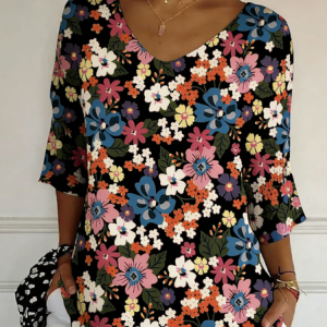 Casual Ditsy Floral V Neck Three Quarter Sleeve T-shirt, T-shirts, color:As Picture|size:4XL, catalog Noracora shop
