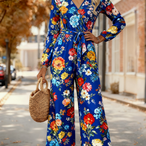 Women Floral V Neck Long Sleeve Elegant Spring/Fall Jumpsuit, Jumpsuits&Rompers, color:Royal Blue|size:4XL, catalog Noracora shop