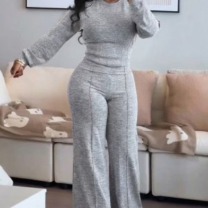 2 Pieces Outfit O-neck Long Sleeve Cinched Waist Sweatshirt and Elastic Waist Wide Leg Pants Set Casual Seam Design Sweatpants Set, women Two-piece Sets, ChicMe catalog