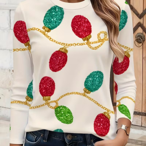 Casual Christmas Crew Neck Long Sleeve T-shirt, T-shirts, color:Apricot|size:XXL, catalog Noracora shop
