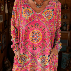Women's Long Sleeve T-shirt Spring/Fall Pink Abstract Printing V Neck Daily Going Out Vintage Top, JustFashionNow T-Shirts, color:Pink|size:5XL