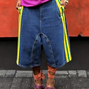Color Block Loose Casual Denim Shorts, Denim Shorts, color:Denim Blue|size:XXL, Stylewe