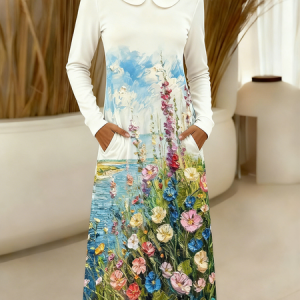 Women Floral Spring/Fall Dress Sweetheart Neckline Long Sleeve A-Line Dress, Dresses, color:White|size:4XL, catalog Noracora shop