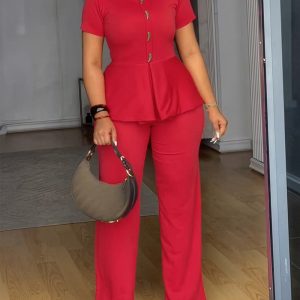 Toggle Button Decor Round Neck Peplum Waist Overalls Casual Zipper Back Wide Leg Jumpsuit, women Jumpsuits, ChicMe catalog