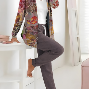 Women Floral Printing Two-Piece Set Daily Long Sleeve Casual Spring/Fall Coat With Pants Matching Set, JustFashionNow Suit Set, color:As Picture|size:XXL,