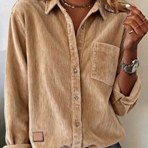 Shawl Collar Long Sleeve Plain Split Joint Regular Micro-Elasticity Loose Button Up Shirt Shirt For Women, Shirts, color:Camel|size:XXL, catalog Noracora shop