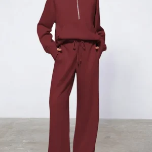 Women Plain Two-Piece Set Daily Long Sleeve Casual Spring/Fall Top With Pants Matching Set, Sets, color:Wine Red|size:XXL, catalog Noracora shop