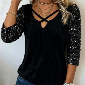 Vintage Plain V Neck Long Sleeve T-shirt, T-shirts, color:Black|size:XXL, catalog Noracora shop