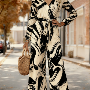 Women Geometric V Neck Long Sleeve Elegant Spring/Fall Jumpsuit, Jumpsuits&Rompers, color:Light Khaki|size:4XL, catalog Noracora shop