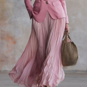 Elegant Pleated Plain Maxi Skirt, Skirts, color:Pink|size:XXL, Stylewe