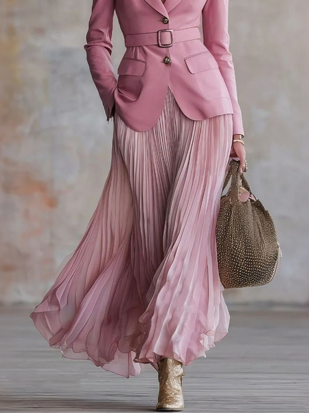 Elegant Pleated Plain Maxi Skirt, Skirts, color:Pink|size:XXL, Stylewe