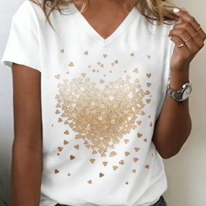 Casual Heart/Cordate V Neck Short Sleeve T-shirt, T-shirts, color:White|size:4XL, catalog Noracora shop
