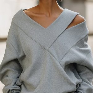 Casual Plain Asymmetrical Loosen Sweatshirt, Hoodies and Sweatshirts, color:Gray|size:XXL, Stylewe