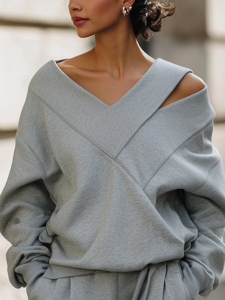 Casual Plain Asymmetrical Loosen Sweatshirt, Hoodies and Sweatshirts, color:Gray|size:XXL, Stylewe