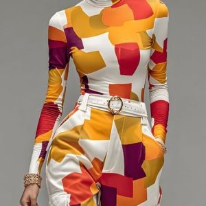 Urban Colorblock Printing Turtleneck T-shirt, Tees, color:As Picture|size:XXL, Stylewe