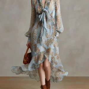 Elegant Leopard Balloon Sleeve Lace-up Midi Dress, Maxi Dresses, color:Blue|size:XXL, Stylewe
