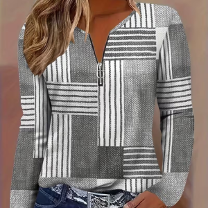 Women Abstract Long Sleeve Tee T-shirt V Neck Printing Vintage Spring/Fall Top, JustFashionNow T-Shirts, color:Gray|size:3XL,