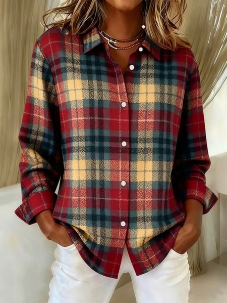 Women's Long Sleeve Shirt Spring/Fall As Picture Plaid Buckle Shirt Collar Regular Sleeve Daily Going Out Casual Top, JustFashionNow Shirts, color:As Picture|size:5XL,