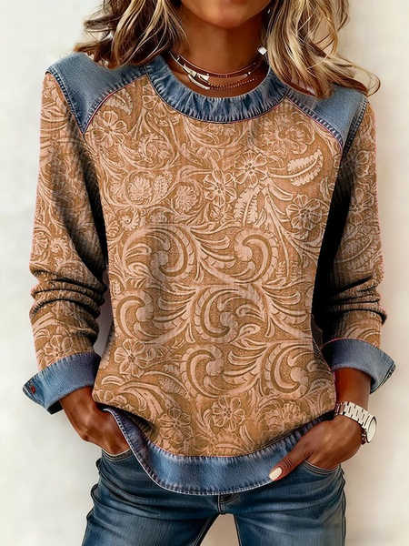 Women's Floral Print Patchwork Denim Crewneck Long-Sleeved Sweatshirt, JustFashionNow Sweatshirts & Hoodies, color:Brown|size:4XL,