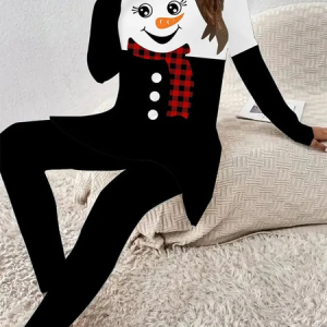 Women Christmas Snowman Printing Two-Piece Set Daily Long Sleeve Casual Spring/Fall Top With Pants Matching Set, JustFashionNow Suit Set, color:Black|size:XXL,