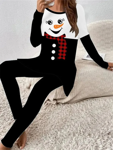 Women Christmas Snowman Printing Two-Piece Set Daily Long Sleeve Casual Spring/Fall Top With Pants Matching Set, JustFashionNow Suit Set, color:Black|size:XXL,