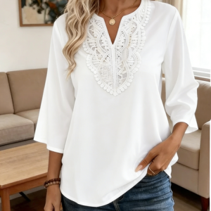 V Neck Three Quarter Sleeve Plain Regular Loose Blouse For Women, Blouses, color:White|size:XXL, catalog Noracora shop