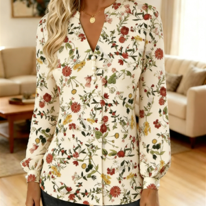 V Neck Long Sleeve Floral Pattern Regular Regular Fit Shirt For Women, Shirts, color:As Picture|size:4XL, catalog Noracora shop