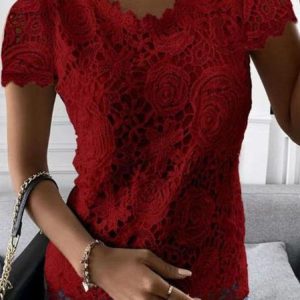 Elegant Lace Crew Neck Short Sleeve T-shirt, T-shirts, color:Wine Red|size:5XL, catalog Noracora shop