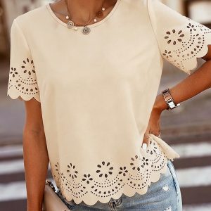 Round Neck Short Sleeve Eyelet Embroidery Tee Casual Scallop Trim Top, women T-shirt & Tees, ChicMe catalog