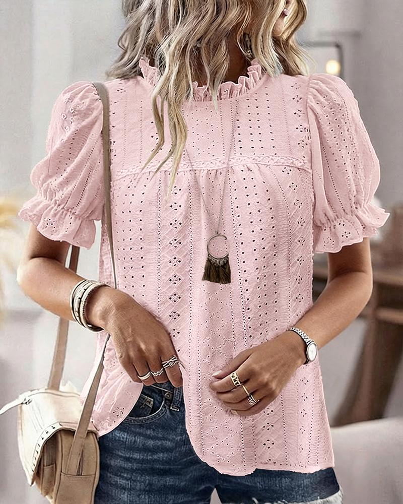 Elegant Frill Hem Stand Collar Puff Sleeve Blouse Casual Hollow Out Embroidery Pullover Top, women Blouses & Shirts, ChicMe catalog - Image 2