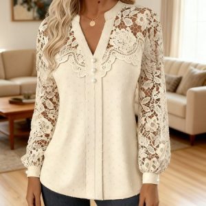 Women Lace Long Sleeve Shirt Spring/Fall V Neck Daily Casual Top, JustFashionNow Blouses, color:Apricot|size:4XL,