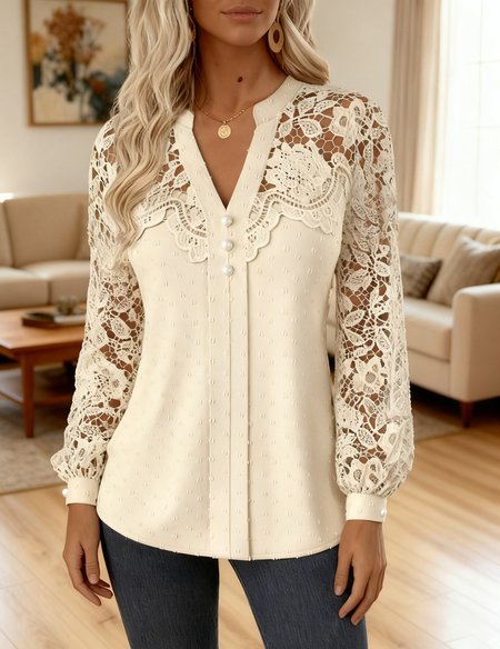 Women Lace Long Sleeve Shirt Spring/Fall V Neck Daily Casual Top, JustFashionNow Blouses, color:Apricot|size:4XL,