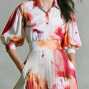 Elegant Floral Printing Shirt Collar Puff Sleeve Shirt, Blouses and Shirts, color:As Picture|size:XXL, Stylewe