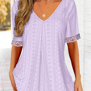 Elegant Plain V Neck Short Sleeve T-shirt, T-shirts, color:Light Purple|size:XXL, catalog Noracora shop