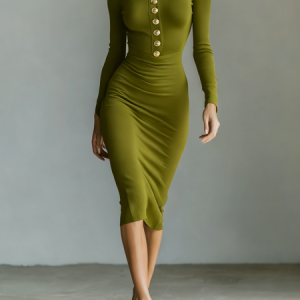 Elegant Plain Stand Collar Midi Dress, Maxi Dresses, color:Green|size:XXL, Stylewe