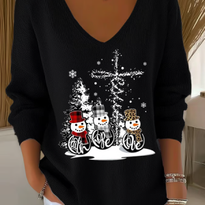 Casual Christmas Snowman V Neck Long Sleeve T-shirt, T-shirts, color:Black|size:4XL, catalog Noracora shop