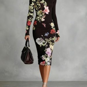 Elegant Floral  Printing Crew Neck Midi Dress, Midi Dresses, color:Black|size:XXL, Stylewe